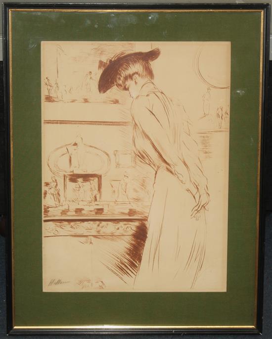 Paul Cesar Helleu (French, 1859-1927) Woman standing before a mantel piece, 15.25 x 11.25in.